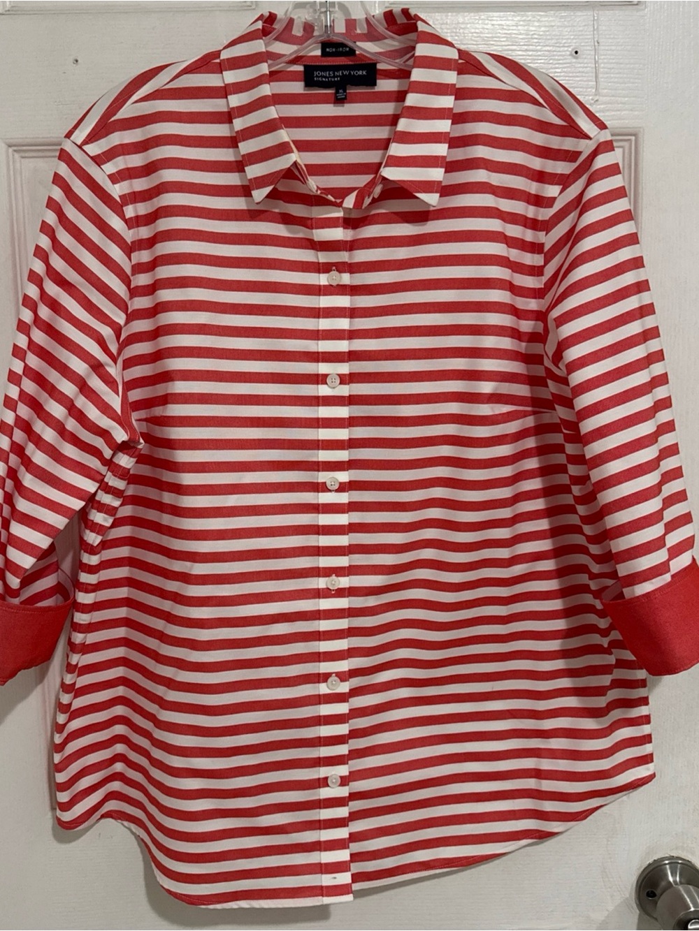 Jones New York Red and White Striped Top Heavy Cotton Shirt 3/4 Sleeves Size XL